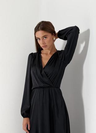 Шелковое черное платье для девушек длины миди с юбкой солнце4 фото