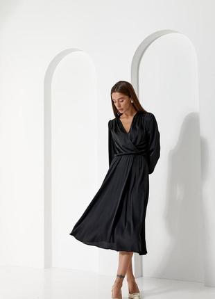 Шелковое черное платье для девушек длины миди с юбкой солнце3 фото