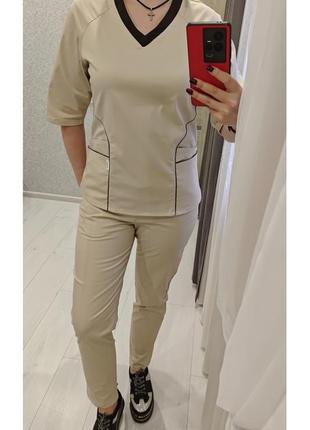 Медицинский женский бежевый хирургический модный костюм с карманами 42-56