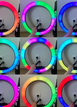 Профессиональная кольцевая лампа rgb mj18 45 см разноцветная led 16 режимов 3 держателя, пульт ду и штатив2 фото