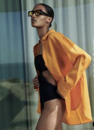 Zara стильна яскрава лляна сорочка рубашка блузка оверсайз 100%linen льон лен бренд зара zara, р.l