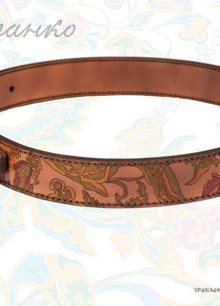 Коричневий ремінь franko flowers pattern brown big belt зі шкіри рослинного дублення.3 фото