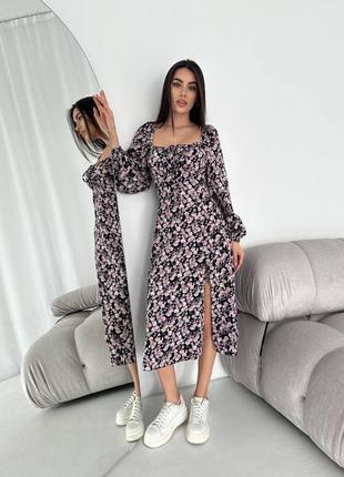 Платье цветочное с розрезом длинное3 фото