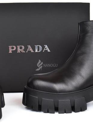 Ботинки женские кожаные prada прада на платформе черные демисезонные2 фото