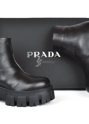Ботинки женские кожаные prada прада на платформе черные демисезонные4 фото