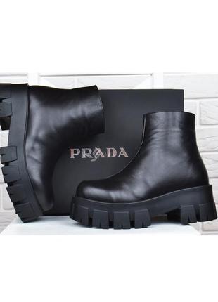 Ботинки женские кожаные prada прада на платформе черные демисезонные