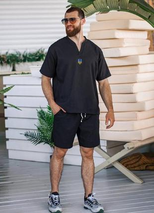 Костюм мужской лён натуральный шорты на резинке +шнурок + футболка5 фото