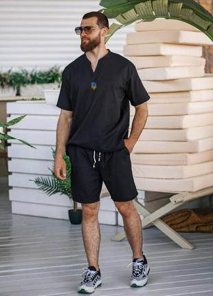 Костюм мужской лён натуральный шорты на резинке +шнурок + футболка4 фото