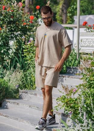 Костюм мужской лён натуральный шорты на резинке +шнурок + футболка3 фото