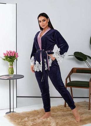 Велюровый домашний костюм брюки с карманами пояс на резинке + кимоно с кружевом пояс в комплекте