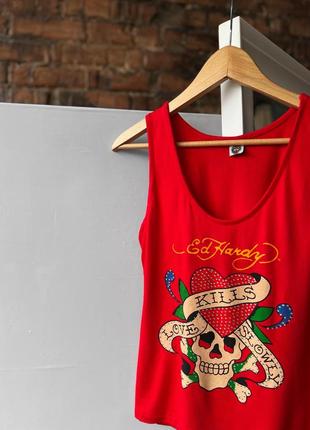 Ed hardy women's vintage red 90s tank top big print женская, винтажная майка2 фото