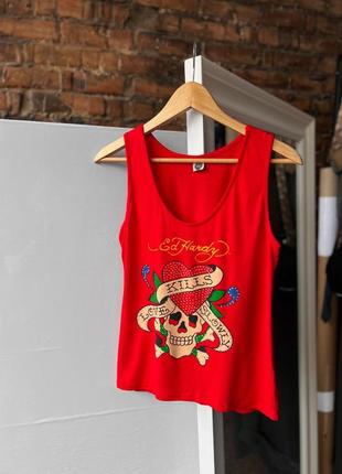 Ed hardy women's vintage red 90s tank top big print женская, винтажная майка