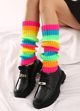 Гетри смугасті різнокольорові в рубчик 5560 ясскраві смужки веселка гольфи до колін 40см