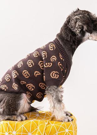 Брендовая кофта для собак gucci на пуговицах с бежевыми буквами gg,  коричневая3 фото