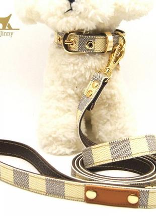 Брендовий нашийник і повідець для собак louis vuitton з забарвленням у квадратики, жовтий4 фото