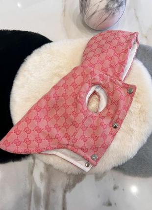 Брендовая зимняя жилетка для собак gucci джинсовая со значками, с капюшоном, на кнопках, розовая2 фото