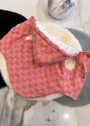 Брендовая зимняя жилетка для собак gucci джинсовая со значками, с капюшоном, на кнопках, розовая1 фото