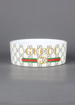 Брендова керамічна миска для тварин собак і котів одинарна gucci біла1 фото