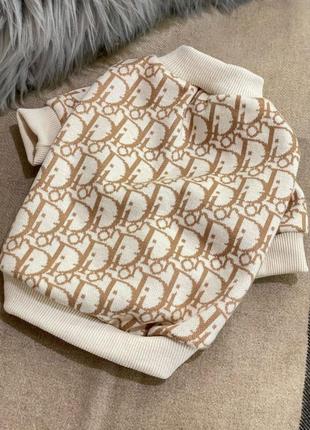 Брендовий светр для собак dior з дрібними логотипами, бежевий