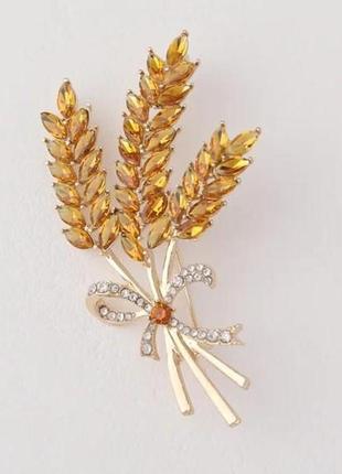 Брошь пшеница золотистая, три колоски, колосок, брошка символ украины, желтая