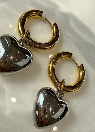 Круглі сережки підвіски серця, серце, тренд, золото, срібло1 фото