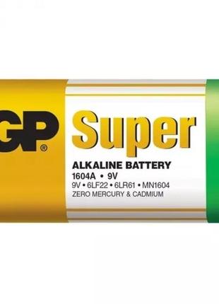 Батарейка крона gp super alkaline battery 9v. алкалиновая батарейка. элемент питания крона 1604a 6lf22