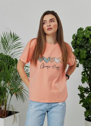 Красивая летняя футболка для девушки  с милым рисунком персиковая, оранжевая 42-44