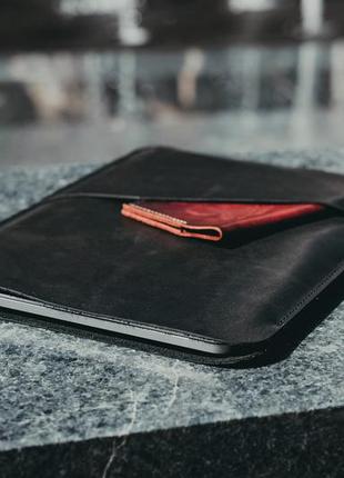 Чехол с карманом на macbook, натуральная кожа высокого качества, цвет черный1 фото