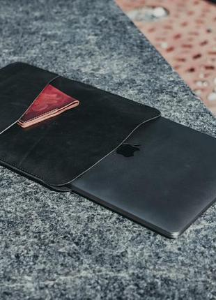 Чехол с карманом на macbook, натуральная кожа высокого качества, цвет черный4 фото