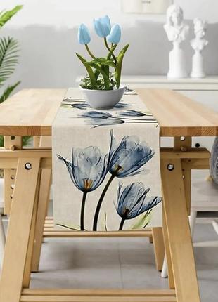 Доріжка для столу , раннер "блакитні тюльпани". 30х180см1 фото