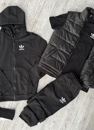 Комплект 5 в 1 adidas чорна кофта на змійці + чорні штані + чорна жилетка + чорна футболка + 2 пари1 фото