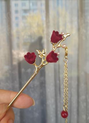 Ніжна китайська паличка для волосся червоні квіти та метелик"3 фото
