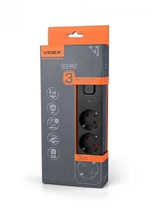 Сетевой удлинитель videx oncord с/с 3п 3м (3x1.5мм) с кнопкой black