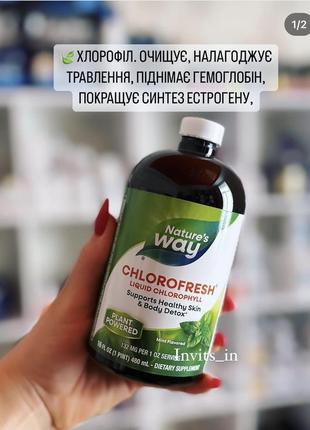 🍃хлорофіл. очищує, налагоджує травлення, піднімає гемоглобін, покращує синтез естрогену, тощо. 💊473 ml