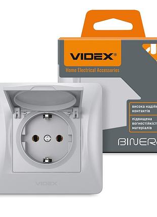 (minimum 1000 грн) розетка одинарна із заземленням і кришкою срібний шовк videx binera
