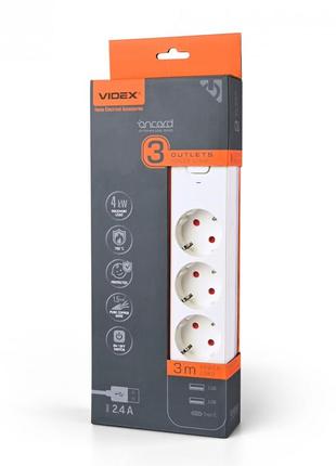 Сетевой удлинитель videx oncord с/с 6п 3м (3x1.5мм) с кнопкой white