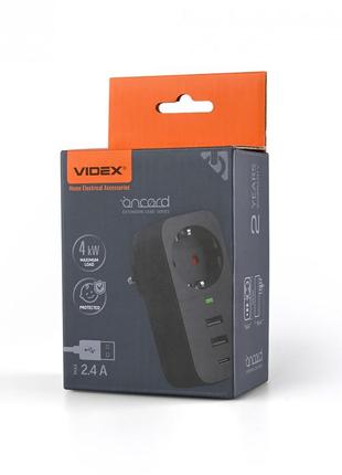 Сетевой адаптер videx oncord с/с 1п 2.4a 2usb+usb-c black