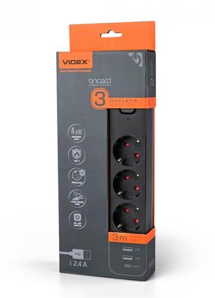 Сетевой удлинитель videx oncord с/с 3п 3м (3x1.5мм) 2.4а 2usb+usb-c с кнопкой black