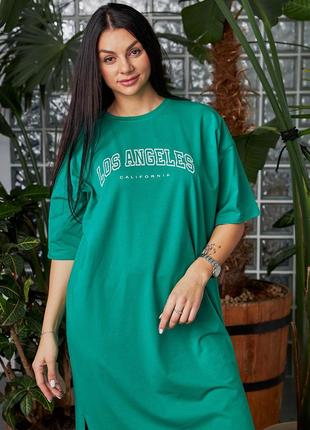 Плаття — футболка жіноче міді, бавовняне, базове, оверсайз, літнє, батал великі розміри, зелене2 фото