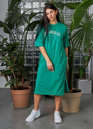 Плаття — футболка жіноче міді, бавовняне, базове, оверсайз, літнє, батал великі розміри, зелене3 фото
