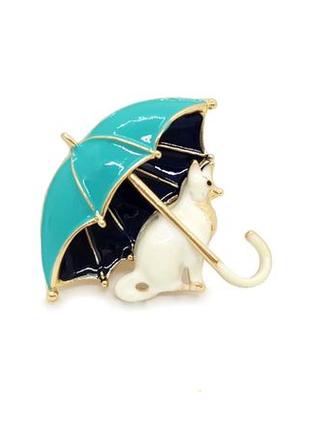 🐈🌂 милая брошь-кулон "белая кошка под голубым зонтиком" котенок котик кот брошка