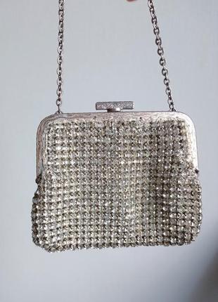 Винтажная театральная мини сумочка сумка блестящая серебряная клатч кошелек стразы камушки кристалы
