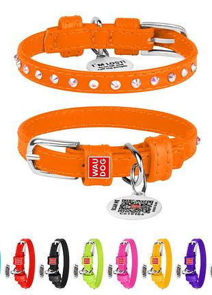 Ошейник для собак кожаный waudog glamour с qr паспортом, с клеевыми стразами, ш 9 мм, дл 18-21 см оранжевый