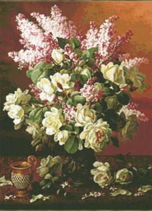 Набор для вышивания крестиком " букет нежных роз и сирени", размер готового полотна 44 х 55 см1 фото