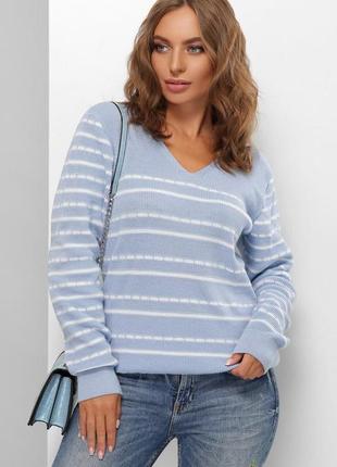 Джемпер женский, вязанный, шерстяной, в полоску, v образный вырез, пуловер, свитер, голубой