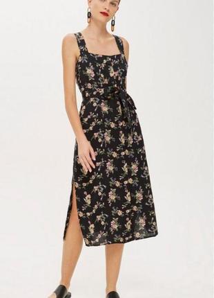 Фирменный льняной сарафан платье в цветочный принт бренд top shop размер с/м с разрезами по бокам1 фото