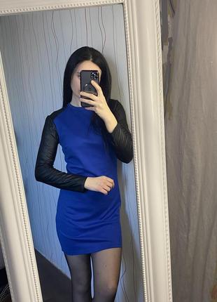 Сукня синя, електрик чорні кож зам рукава плаття