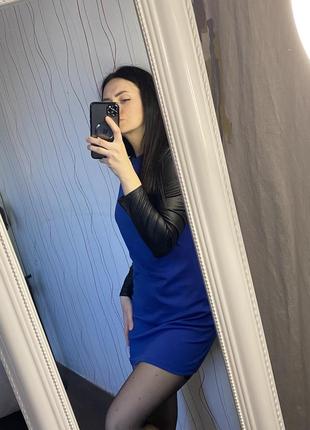 Сукня синя, електрик чорні кож зам рукава плаття3 фото