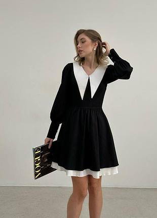 Платье с белым воротом клэш черная коттон двойное