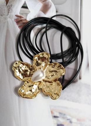 Чркер цветок кулон на шею шнурок черный колье с цветком под золото ретро винтаж6 фото